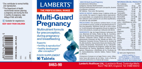Multi-Guard Pregnancy Lamberts para embarazo y lactancia 90 tabletas detalle de la etiqueta