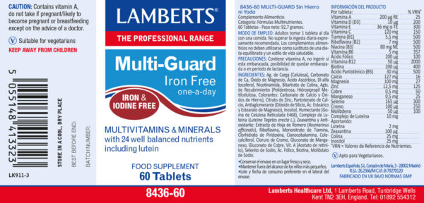 Multi-Guard Iron Free Lamberts sin hierro ni yodo detalle de la etiqueta