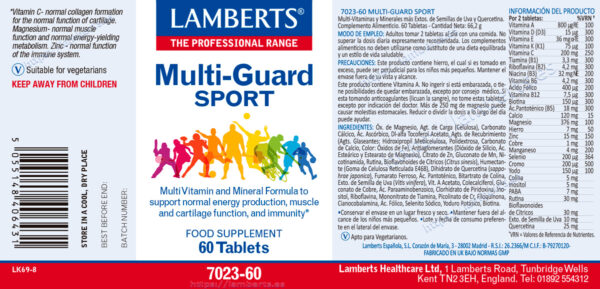 Multi-Guard Sport Lamberts 60 tabletas detalle de la etiqueta Multi-Guard Sport Lamberts 60 tabletas detalle de la etiqueta