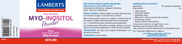 Myo Inositol en Polvo Lamberts 200 g detalle de la etiqueta Myo Inositol en Polvo Lamberts 200 g detalle de la etiqueta