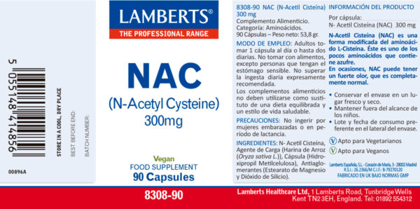 NAC Lamberts N-Acetil Cisteína 300 mg 90 comprimidos detalle de la etiqueta