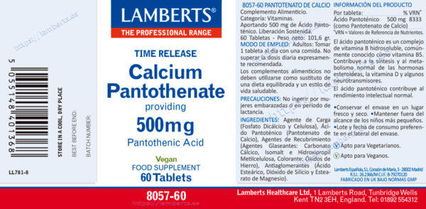 Vitamina B5 Lamberts 500 mg ácido pantoténico detalle de la etiqueta Vitamina B5 Lamberts 500 mg ácido pantoténico detalle de la etiqueta