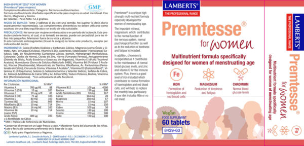 Premtesse el Multivitamínico para las mujeres en edad menstrual Lamberts detalle de la etiqueta Premtesse el Multivitamínico para las mujeres en edad menstrual Lamberts detalle de la etiqueta