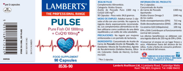 Lamberts PULSE® con Omega 3 y Coenzima Q10 90 cápsulas detalle de la etiqueta Lamberts PULSE® con Omega 3 y Coenzima Q10 90 cápsulas detalle de la etiqueta