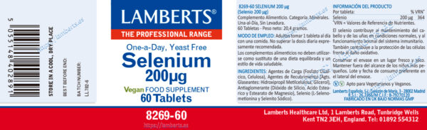 Selenio 200 mcg L-Selenometionina Lamberts 60 tabletas detalle de la etiqueta