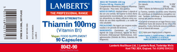 Tiamina Lamberts vitamina B1 100 mg detalle de la etiqueta