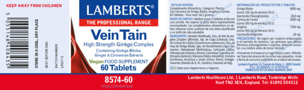 VeinTain® con extractos de Ginkgo Biloba, Canela y Jengibre Lamberts detalle de la etiqueta