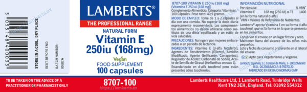 Vitamina E Natural 250 UI Lamberts 100 cápsulas detalle de la etiqueta