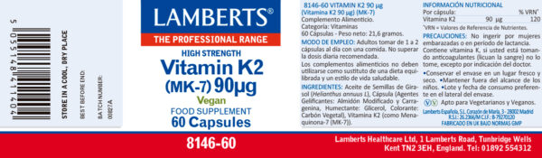 Vitamina K2 Lamberts 90 mcg MK-7 60 cápsulas detalle de la etiqueta Vitamina K2 Lamberts 90 mcg MK-7 60 cápsulas detalle de la etiqueta