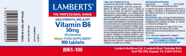 Vitamina B6 Piridoxina 50 mg Lamberts 100 tabletas detalle de la etiqueta Vitamina B6 Piridoxina 50 mg Lamberts 100 tabletas detalle de la etiqueta
