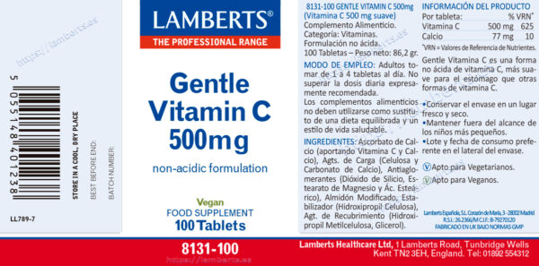 Vitamina C suave Lamberts 500 mg no ácida detalle de la etiqueta Vitamina C suave Lamberts 500 mg no ácida detalle de la etiqueta