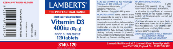 Vitamina D3 400 UI Lamberts 10 mcg detalle de la etiqueta Vitamina D3 400 UI Lamberts 10 mcg detalle de la etiqueta