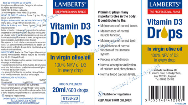 Vitamina D3 líquida Lamberts 20 ml (600 gotas) detalle de la etiqueta