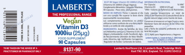 Vitamina D3 vegana Lamberts 1000 UI 25 mcg detalle de la etiqueta