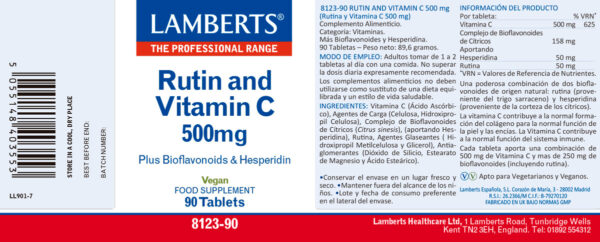 Rutina y Vitamina C Lamberts 500 mg con bioflavonoides detalle de la etiqueta Rutina y Vitamina C Lamberts 500 mg con bioflavonoides detalle de la etiqueta
