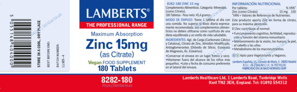 Zinc Lamberts 15 mg como citrato 180 tabletas Zinc Lamberts 15 mg como citrato 180 tabletas