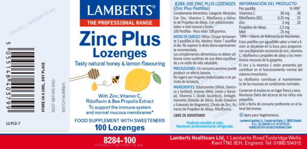 Zinc Plus Lamberts masticable con vitamina C y propóleo detalle de la etiqueta Zinc Plus Lamberts masticable con vitamina C y propóleo detalle de la etiqueta