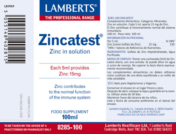 Zincatest Lamberts zinc líquido como sulfato 100 ml detalle de la etiqueta Zincatest Lamberts zinc líquido como sulfato 100 ml detalle de la etiqueta