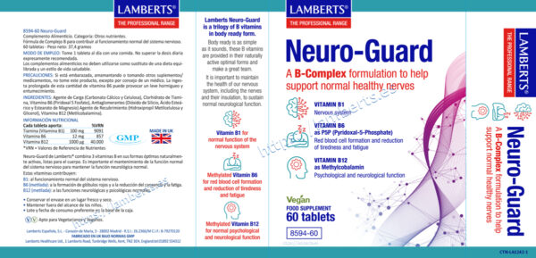 Neuro-Guard Lamberts con vitaminas B1, B6 y B12 detalle de la etiqueta