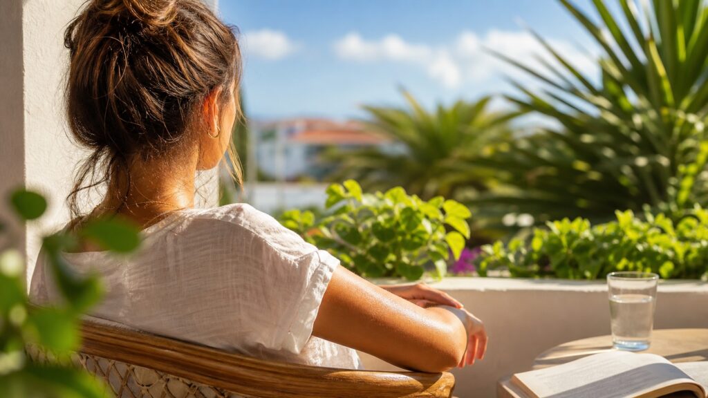 Persona descansando al sol de forma responsable en una terraza con plantas