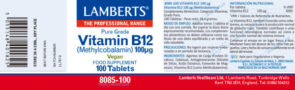 Vitamina B12 100 mcg Metilcobalamina Lamberts detalle de la etiqueta
