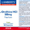 L-Ornitina HCl 500 mg Lamberts 60 cápsulas detalle de la etiqueta L-Ornitina HCl 500 mg Lamberts 60 cápsulas detalle de la etiqueta