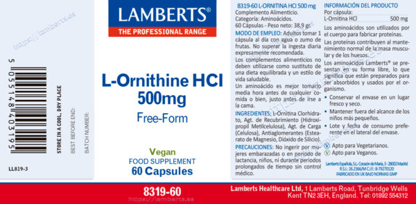L-Ornitina HCl 500 mg Lamberts 60 cápsulas detalle de la etiqueta L-Ornitina HCl 500 mg Lamberts 60 cápsulas detalle de la etiqueta