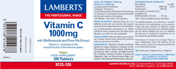 Vitamina C Lamberts 1000 mg con bioflavonoides y escaramujo 120 tabletas detalle de la etiqueta