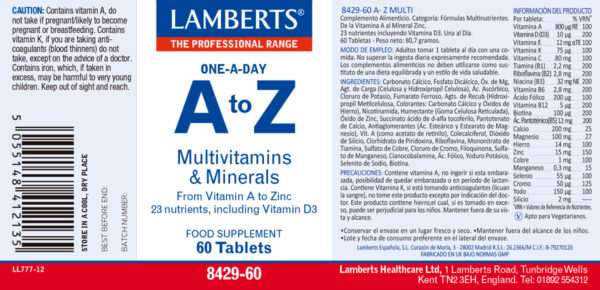 A to Z Multi Lamberts 60 tabletas detalle de la etiqueta