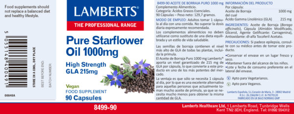 Aceite de borraja 1000 mg Lamberts 90 cápsulas