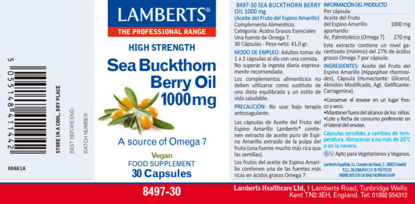 Aceite de espino amarillo 1000 mg Lamberts 30 cápsulas detalle de la etiqueta