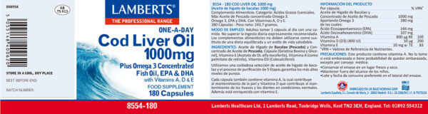 Aceite de hígado de bacalao Lamberts 1000 mg 180 cápsulas detalle de la etiqueta