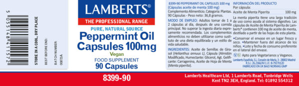Aceite de menta Lamberts 100 mg 90 cápsulas detalle de la etiqueta Aceite de menta Lamberts 100 mg 90 cápsulas detalle de la etiqueta