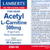 Acetil L-Carnitina Lamberts 500 mg 60 cápsulas detalle de la etiqueta
