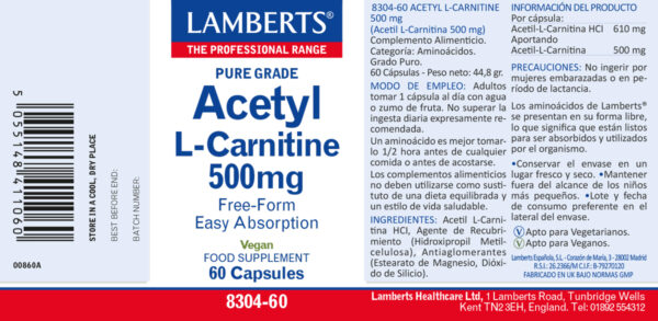 Acetil L-Carnitina Lamberts 500 mg 60 cápsulas detalle de la etiqueta