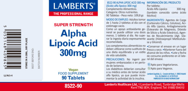 Ácido alfa lipoico 300 mg Lamberts 90 tabletas detalle de la etiqueta Ácido alfa lipoico 300 mg Lamberts 90 tabletas detalle de la etiqueta