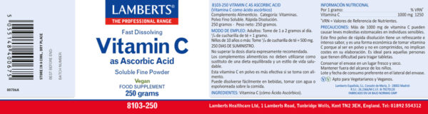 Vitamina C en polvo Lamberts 250 g detalle de la etiqueta