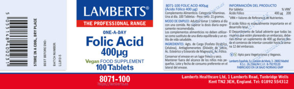 Ácido fólico Lamberts 400 mcg 100 tabletas detalle de la etiqueta
