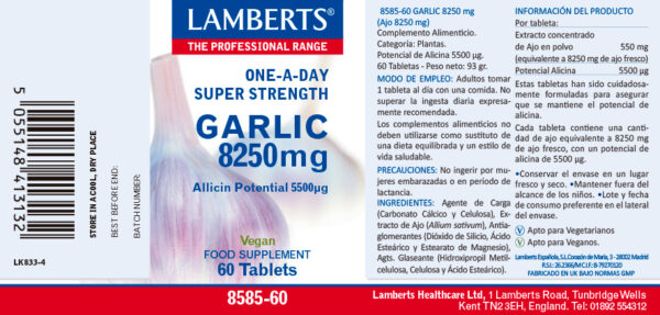Ajo 8250 mg Lamberts 60 tabletas detalle de la etiqueta