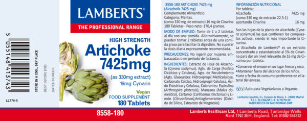 Alcachofa Lamberts 7425 mg 180 tabletas detalle de la etiqueta