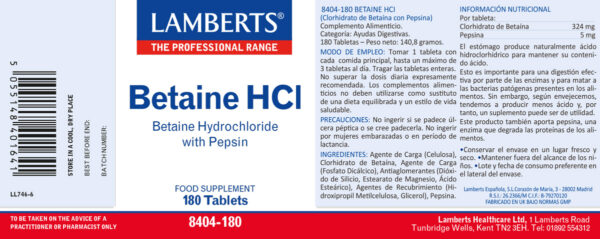 Betaína HCl con pepsina Lamberts 180 tabletas detalle de la etiqueta Betaína HCl con pepsina Lamberts 180 tabletas detalle de la etiqueta
