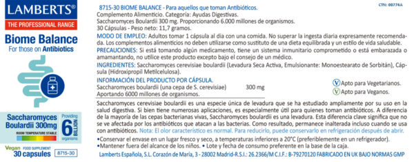 Biome Balance Antibiotics Lamberts 30 cápsulas detalle de la etiqueta