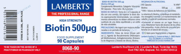 Biotina Lamberts 500 mcg 90 cápsulas detalle de la etiqueta