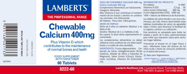 Calcio masticable 400 mg Lamberts 60 tabletas detalle de la etiqueta Calcio masticable 400 mg Lamberts 60 tabletas detalle de la etiqueta