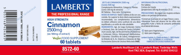 Canela 2500 mg Lamberts 60 tabletas detalle de la etiqueta