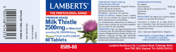 Cardo mariano 2500 mg Lamberts 60 tabletas detalle de la etiqueta