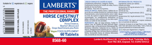 Complejo de castaño de Indias Lamberts 60 tabletas detalle de la etiqueta