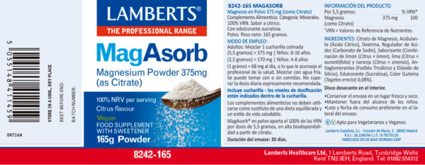 MagAsorb Citrato de magnesio Lamberts en polvo 165 g detalle de la etiqueta MagAsorb Citrato de magnesio Lamberts en polvo 165 g detalle de la etiqueta
