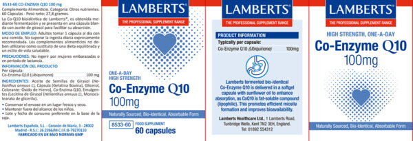 Coenzima Q10 Lamberts 100 mg 60 cápsulas detalle de la etiqueta