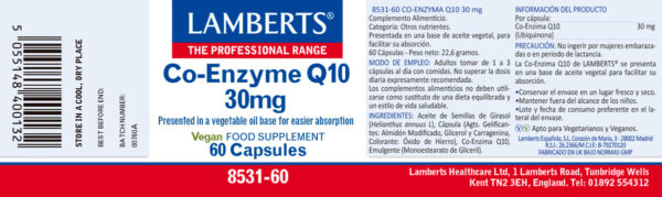 Coenzima Q10 Lamberts 30 mg 60 cápsulas detalle de la etiqueta